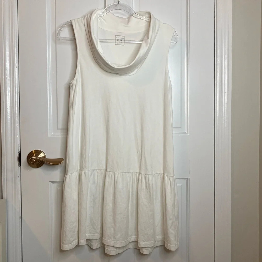 Island Company White 95%Cotton Stretchy Cowel Neck Sleeveless Ruffle Dre…